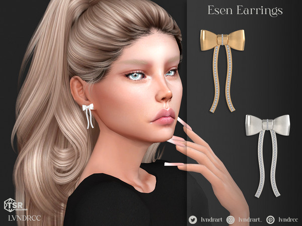 Sims 4 — Esen Earrings by LVNDRCC — Bow minimal studs with inlaid diamonds and crystals, in silver and gold.