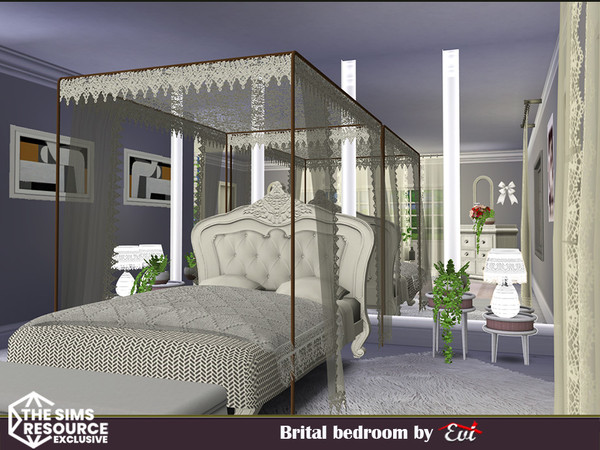 Sims 4 — Bridal Bedroom by evi — White fabrics, lace, mirrors, an elegant and warm fireplace, drinks and flowers consists