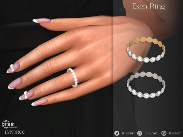 Sims 4 — Esen Ring by LVNDRCC — Diamond ring with inset round cut brilliant gems, on minimalist gold or silver base.