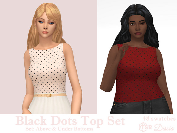 Sims 4 — Black Dots Top v2 (Above Bottoms) by Dissia — Elegant black polka dot top in two versions: tucked in or above