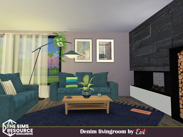 Sims 4 — The Denim Livingroom by evi — An all whether cosy livingroom with a fireplace