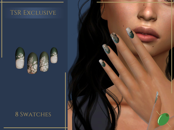 Sims 4 — Windswept Garden Nails by Pitted0live — Nature inspired design on square nails Custom catalog image