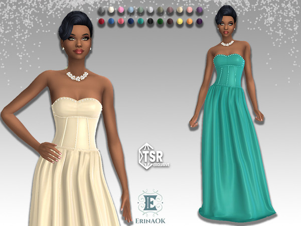 Sims 4 — ErinAOK Womens Gown 052525 by ErinAOK — Women's Strapless Silk Gown with Rhinestone Accents & Metallic