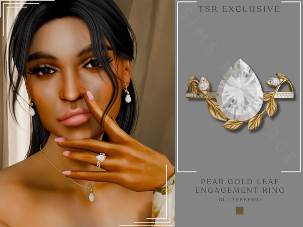 Sims 4 — Pear Gold Leaf Engagement Ring by Glitterberryfly — A gold pear shaped diamond ring with gold leaf