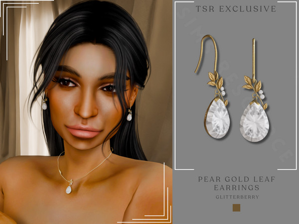 Sims 4 — Gold Leaf Earrings by Glitterberryfly — A diamond earring set in gold with gold leaf