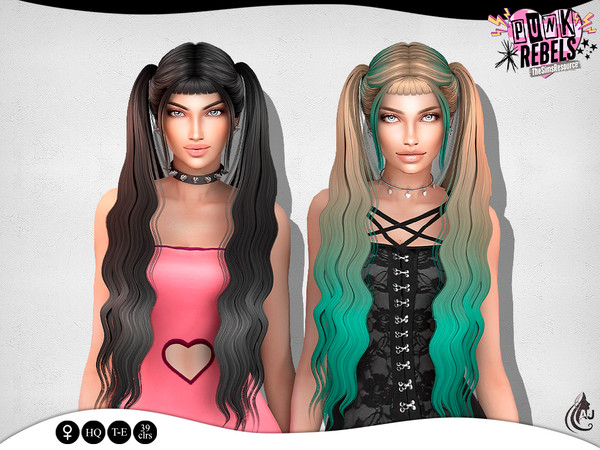 Sims 4 — Punk Rebels - Exene - hairstyle by Aurum — Parted in the middle hairstyle with two long pigtails and short