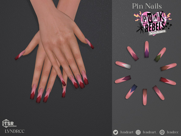 Sims 4 — (PUNK REBELS) Pin Nails by LVNDRCC — Long square nails on a natural acrylic light pink base, with a statement