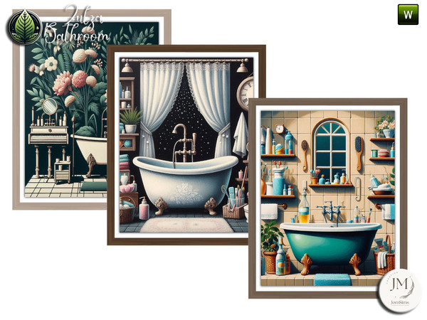 Sims 4 — zulza bathroom wall paintings1 by jomsims — Natural wood bathroom set with modern bathtub,