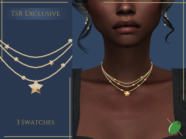 Sims 4 — Stella Necklace by Pitted0live — Stacked chain necklace with star and metal bead details Custom catalog image