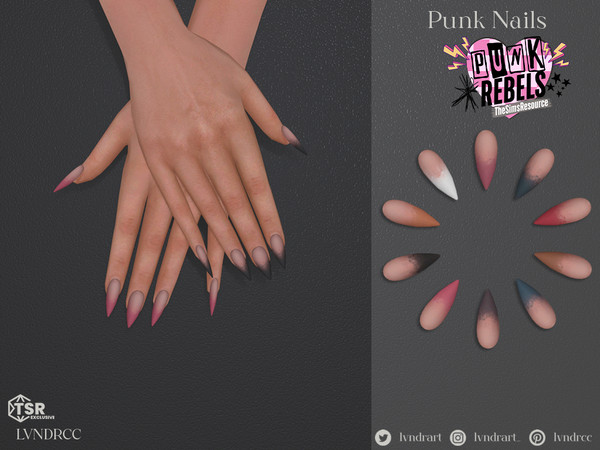 Sims 4 — (PUNK REBELS) Punk nails by LVNDRCC — Medium stiletto nails with an artistic take on dirty ombre design, in a