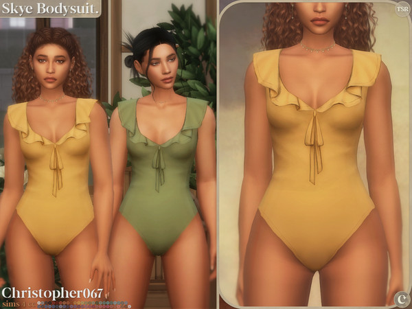 Sims 4 — Skye Bodysuit by christopher0672 — This is a stunning fitted bodysuit with a tied ruffled plunging neckline!