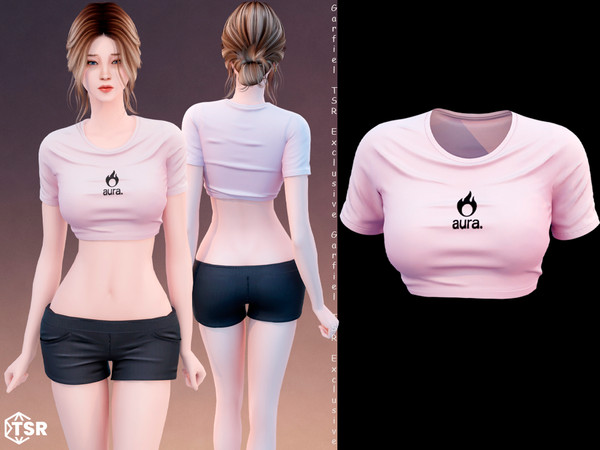 Sims 4 — Fitted crop tee with logo print by Garfiel — A sporty and minimal crop top featuring a snug fit, short sleeves,