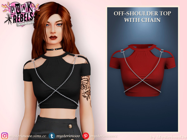 Sims 4 — Punk Rebels - Off-shoulder top with chain by MysteriousOo — Off-shoulder top with chain in 8 colors