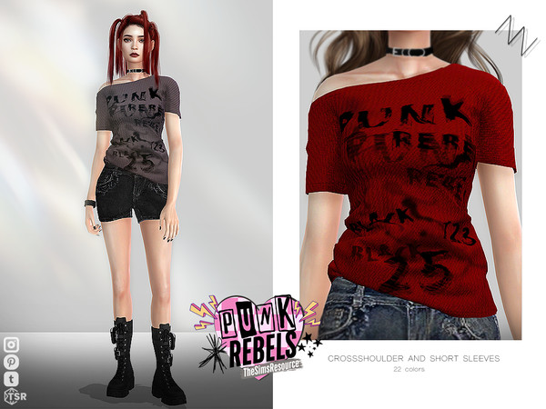 Sims 4 — CROSSSHOULDER AND SHORT SLEEVES by ZNsims — off-the-shoulder, short-sleeved, punk, sweet and cool, top