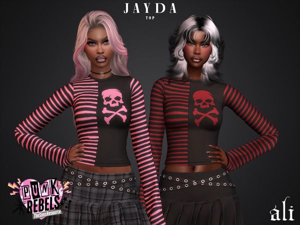 Sims 4 — (Punk Rebels) JAYDA top by ali1 — Semi-Striped Long-Sleeve T-shirt with Skull
