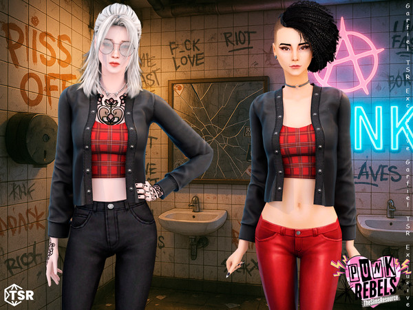 Sims 4 — Leather crop jacket with plaid top by Garfiel — A fierce punk-inspired outfit featuring a cropped red plaid top