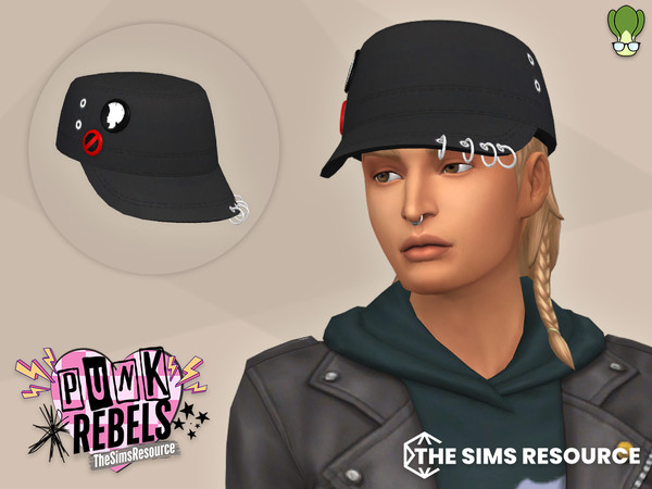 Sims 4 — Punk Army Cap by kapakijo — Unisex army cap decorated with metal rings & button pins.
