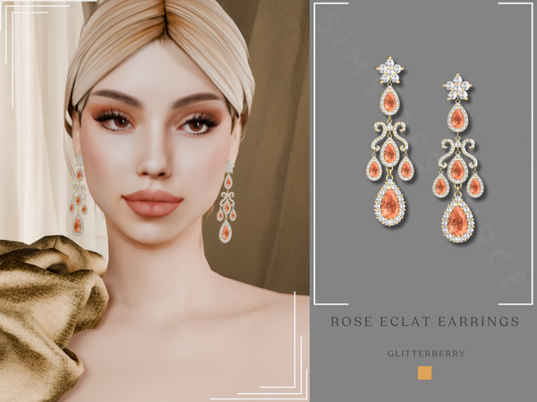 Sims 4 — PATREON Rose Eclat Earrings by Glitterberryfly — A chandelier peach gemstone earring