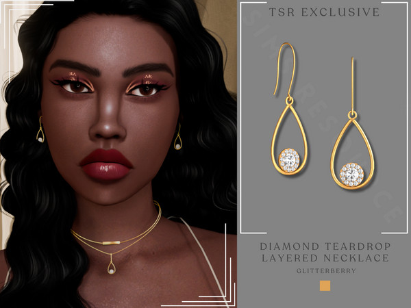 Sims 4 — Diamond Tear Drop Earring by Glitterberryfly — A gold dangle earring with diamonds