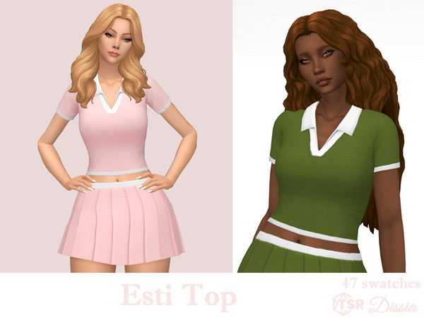 Sims 4 — Esti Top by Dissia — Polo style short sleeves short top with white collar, sleeves and bottom straps