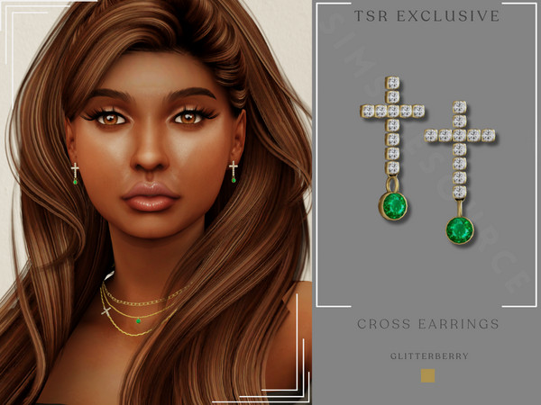Sims 4 — Cross Earrings by Glitterberryfly — A green diamond cross earring
