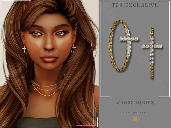 Sims 4 — Cross Hoops by Glitterberryfly — A gold chain hoop with diamond cross