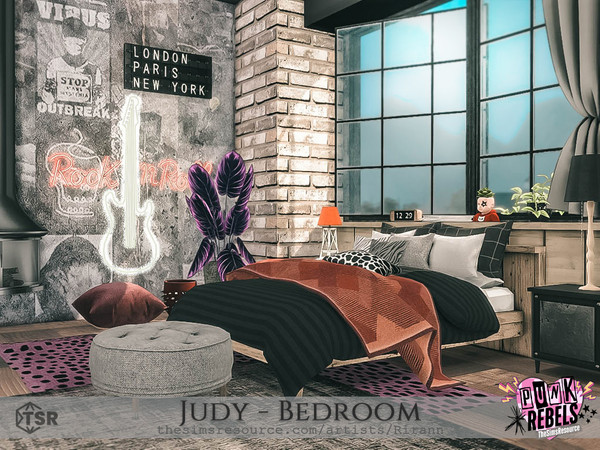 Sims 4 — Punk Rebels - Judy Bedroom by Rirann — Judy is a messy but cozy bedroom for punk rebels