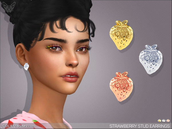 Sims 4 — Strawberry Stud Earrings by feyona — Strawberry Stud Earrings come in 3 colors of gold: yellow, rose, white.