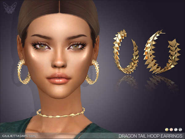 Sims 4 — Dragon Tail Hoop Earrings by feyona — Dragon Tail Hoop Earrings come in 4 colors of gold: yellow, rose, white