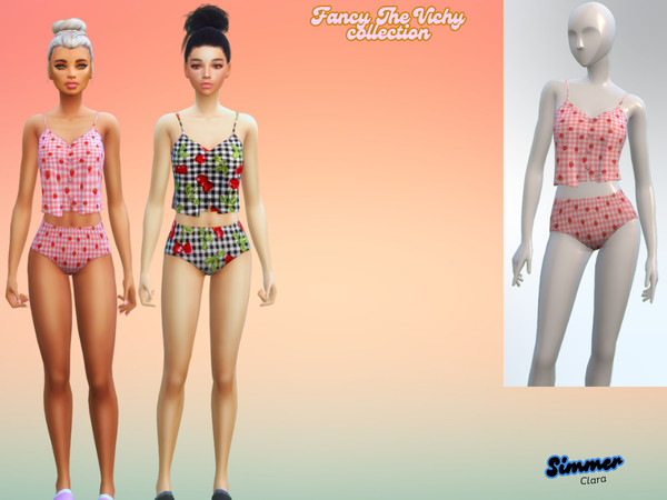 Sims 4 — VichyPJtop.package by SimmerClara — This Gingham fruits print Pyjama comes in 4 swatches.