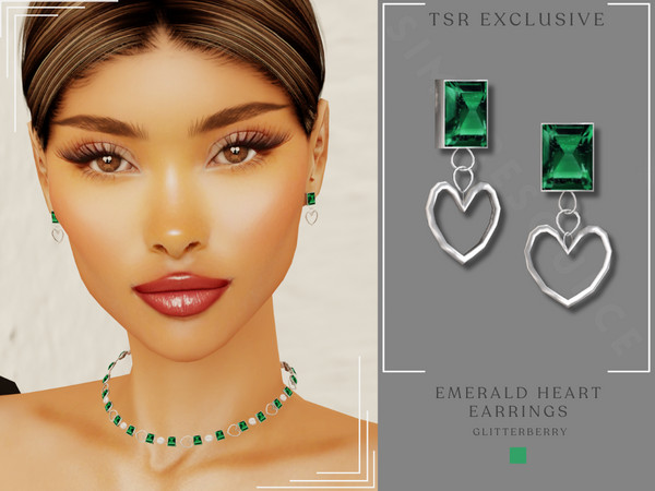 Sims 4 — Emerald Heart Earrings by Glitterberryfly — An emerald cut stone earring with heart pendant set in silver