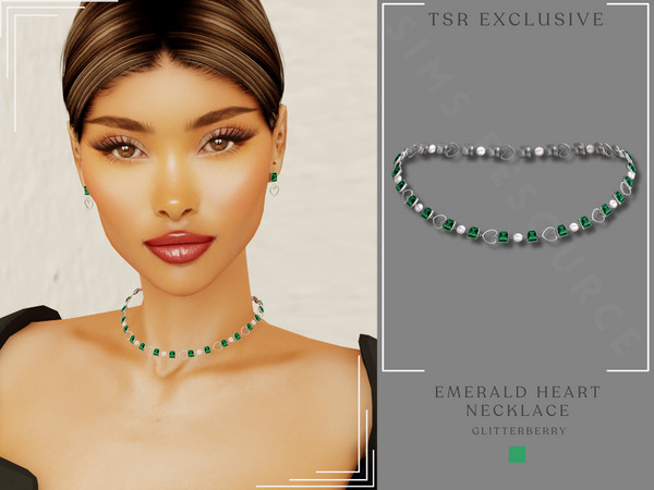 Sims 4 — Emerald Heart Necklace by Glitterberryfly — A pearl, emerald and heart necklace set in silver