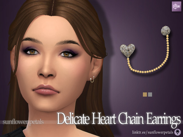 Sims 4 — Delicate Heart Chain Earrings by SunflowerPetalsCC — A pair of small chain earrings with little heart and