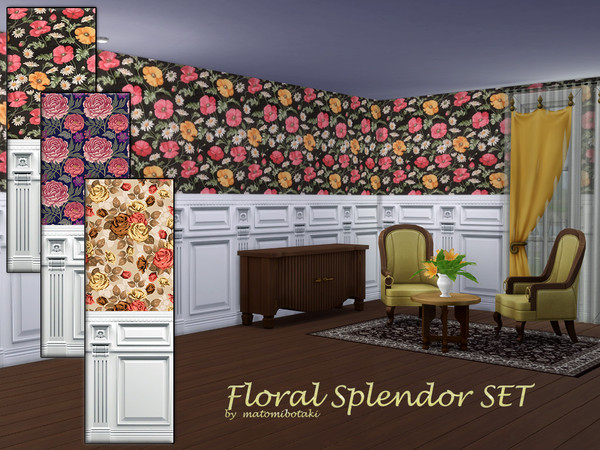 Sims 4 — Floral Splendor SET by matomibotaki — Romantic floral wallpaper set in 3 different variations and 3 wall