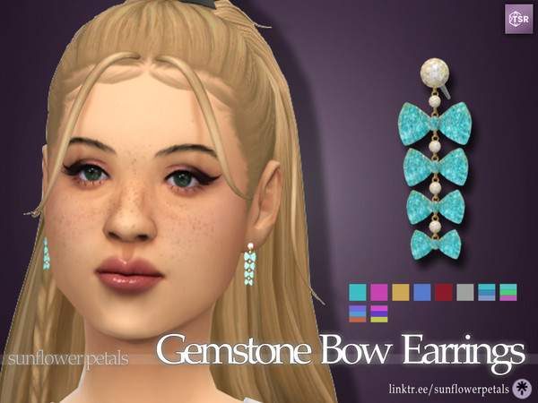 Sims 4 — Gemstone Bow Earrings by SunflowerPetalsCC — A pair of bow shaped earrings in 10 bright colors. BGC