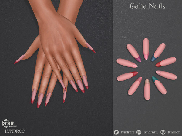 Sims 4 — Galia Nails by LVNDRCC — Long almond nails in french tip style, with soft cat eye decor, in intense and neutral