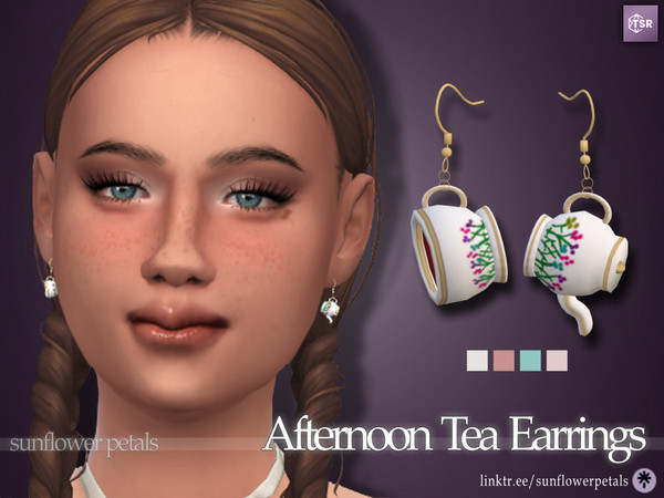 Sims 4 — Afternoon Tea Earrings by SunflowerPetalsCC — A pair of earrings in the shape of a tea cup and a tea pot. Comes