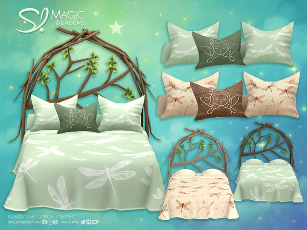 Sims 4 — Magic Meadows Double Bed by SIMcredible! — Let this teen bedroom bring your fantasy forest dreams to life!