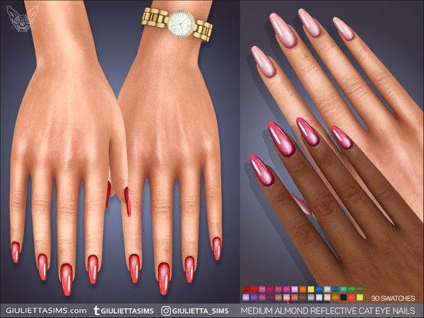 Sims 4 — Medium Almond Reflective Cat Eye Nails by feyona — Medium Almond Reflective Cat Eye Nails come with 30 swatches.