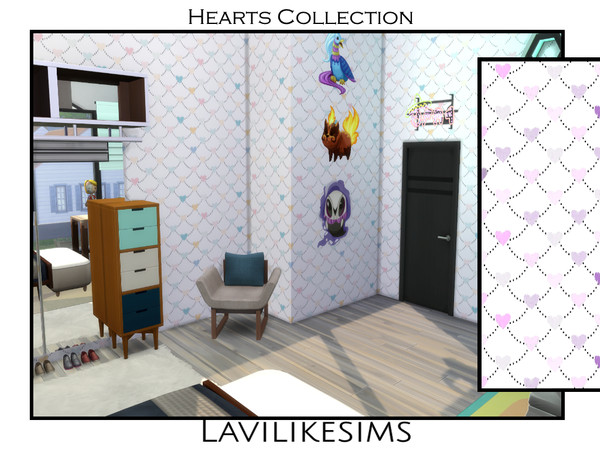 Sims 4 — Hearts Wall Set by lavilikesims — A set of 3 walls ft. hearts, in 4 colours each and a plain one