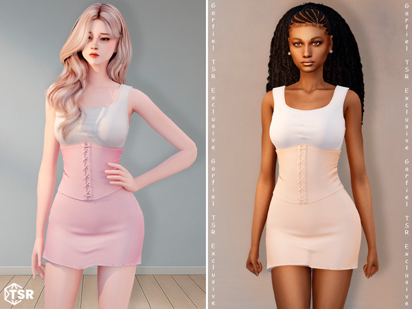 Sims 4 — Short dress with corset waist by Garfiel — A sleeveless mini dress featuring a soft scoop neckline and a