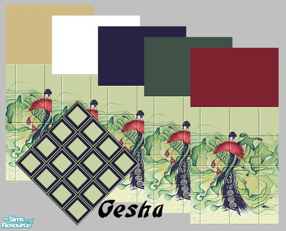 Sims 2 — Gesha by Lorah — Nutmeg, red, white, midnight blue, forest green paint with olive tile.