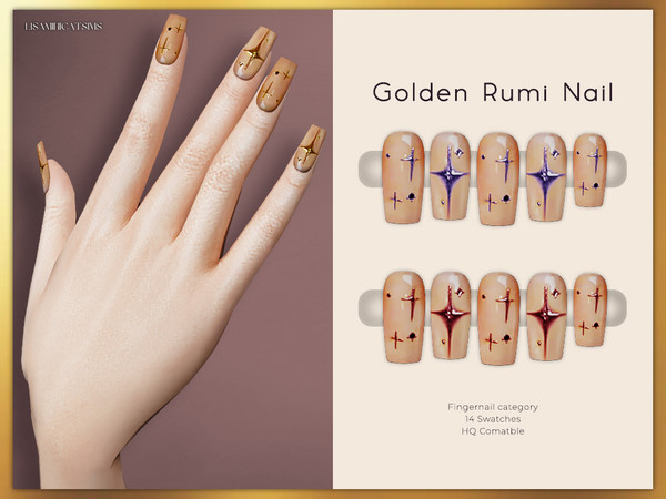 Sims 4 — Golden Rumi Nail by VELYSEA — -Fingernail category -HQ comatble -14 swatches