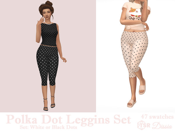 Sims 4 — Polka Dot Leggins (Black) by Dissia — Mid waist under the knee leggins with while or black dots