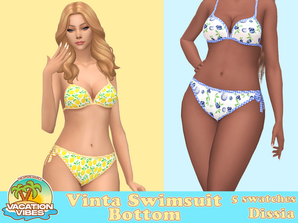 Sims 4 — Vinta Swimsuit Bottom by Dissia — Low waist swimwear bottoms in plaid + lemons, blueberries, strawberries and