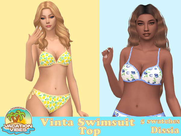 Sims 4 — Vinta Swimsuit Top by Dissia — Swimwear top in plaid + lemons, blueberries, strawberries and cherries pattern