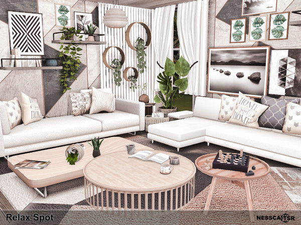 Sims 4 — Relax Spot by Nessca — Relax Spot is a modern, cozy living room for your Sims. Lots of space to read, watch