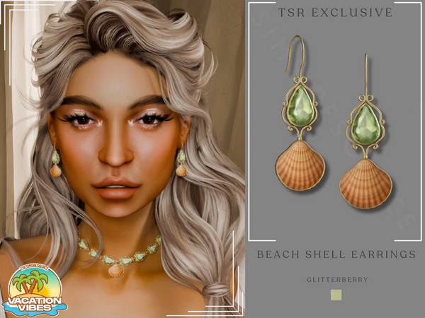 Sims 4 — Vacation Vibes- Beach Shell Earrings by Glitterberryfly — A green dangle earring with beach shell