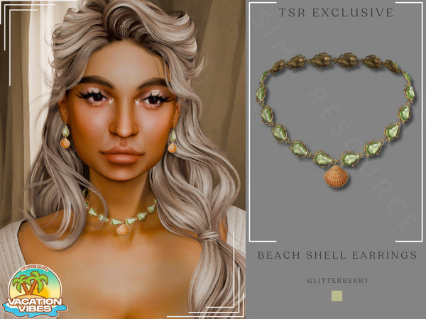 Sims 4 — Vacation Vibes- Beach Shell Necklace by Glitterberryfly — A necklace with a green gemstone and shell pendant No