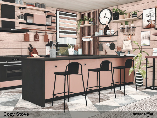 Sims 4 — Cozy Stove by Nessca — Cozy stove is a lovely kitchen with a lounge area and a reading place. Natural finish and